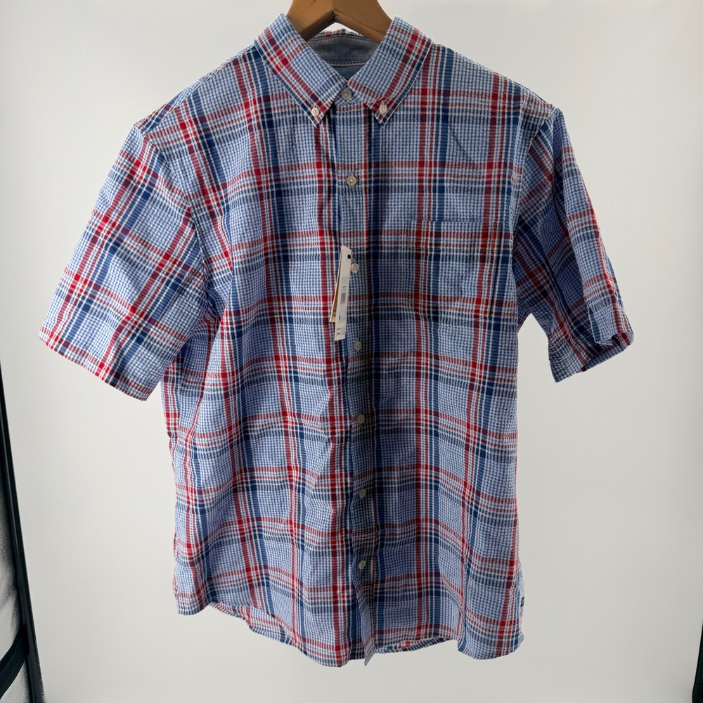 NEW Chaps Mens Seacoast Wash Plaid Short Sleeve Button Down Shirt Blue Red-Large